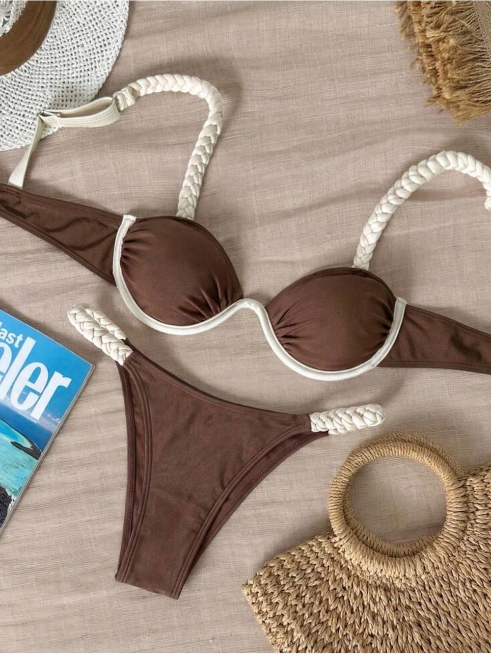 SHEIN Brown Bikini Set with Cream Braided Straps